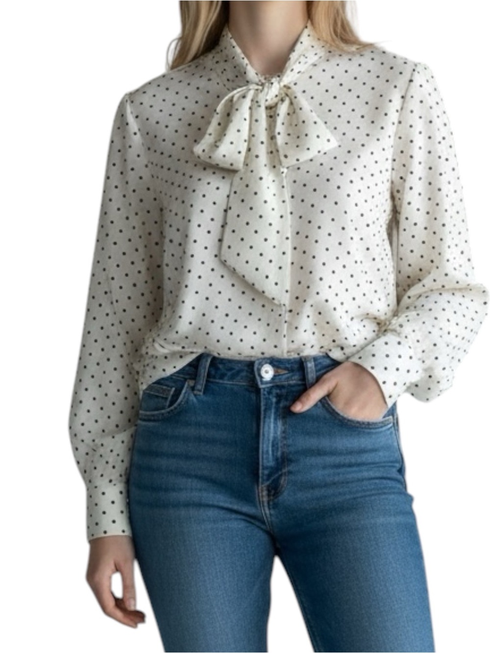 Ann Taylor Ivory with Black Dotted Bow Tie Long Sleeve Blouse SZ L